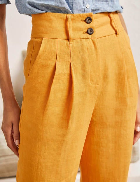 Pleated Turn Up Linen Pants - Zinnia Yellow