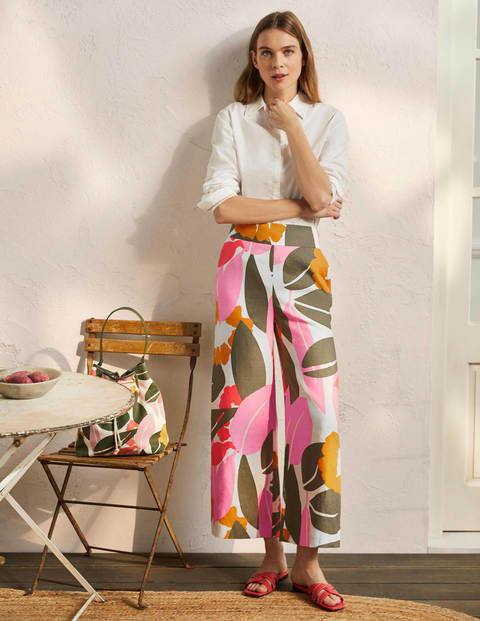 Printed Linen Trousers - Ivory, Abstract Bloom