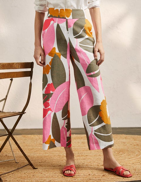 Printed Linen Trousers - Ivory, Abstract Bloom Printed Linen Trousers - Ivory, Abstract Bloom