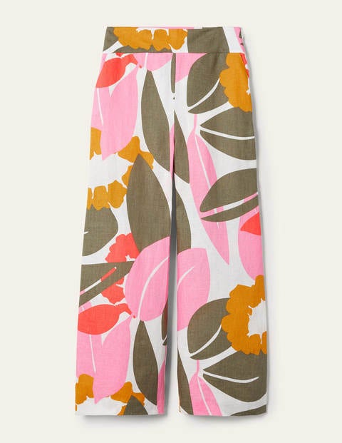 Printed Linen Trousers - Ivory, Abstract Bloom Printed Linen Trousers - Ivory, Abstract Bloom