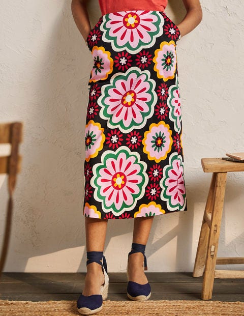 Printed A-line Midi Skirt - Black, Opulent Daisy Printed A-line Midi Skirt - Black, Opulent Daisy