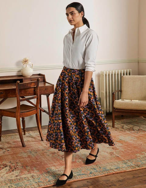 Full Cotton Midi Skirt - Black, Flora Bloom