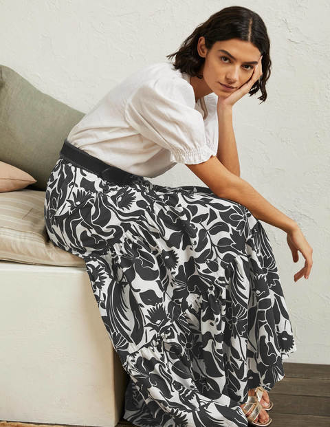 Lorna Tiered Maxi Skirt - Black, Oriental Bird Lorna Tiered Maxi Skirt - Black, Oriental Bird
