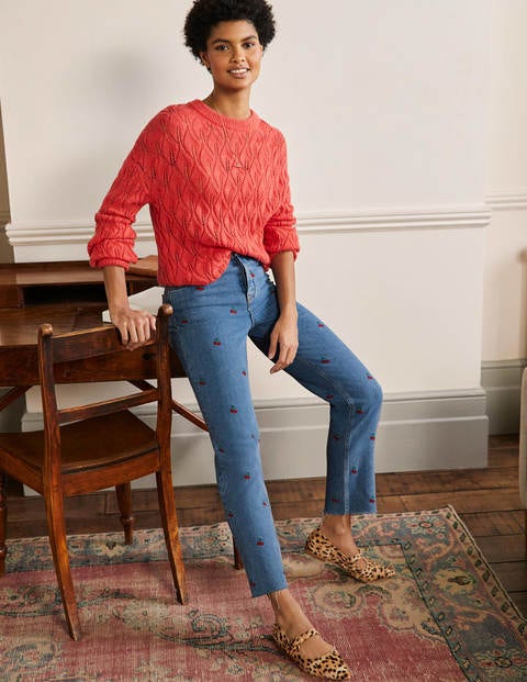 Relaxed Straight Jeans - Cherry Embroidered