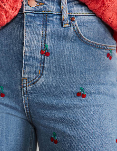 Relaxed Straight Jeans - Cherry Embroidered