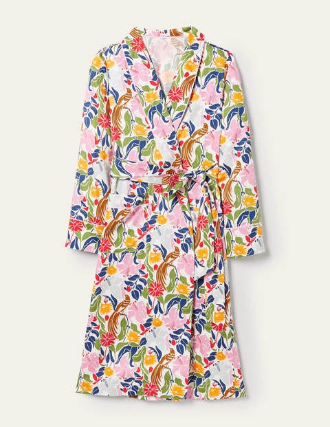 Cotton Dressing Gown - Ivory, Oriental Bird Cotton Dressing Gown - Ivory, Oriental Bird