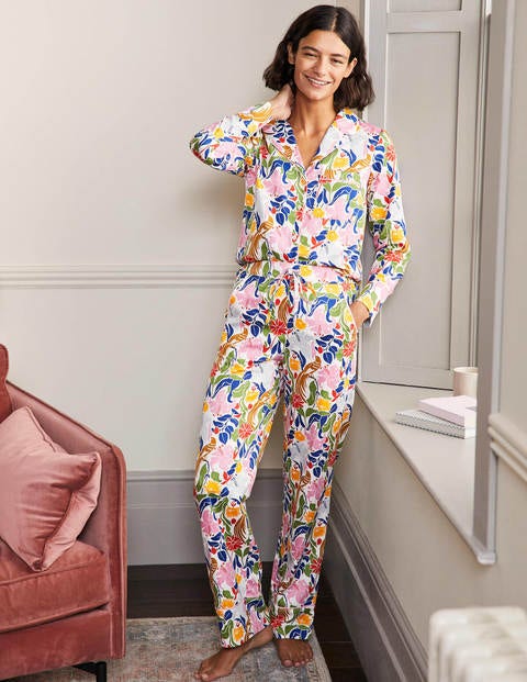 Cotton Pyjama Trousers - Ivory, Oriental Bird
