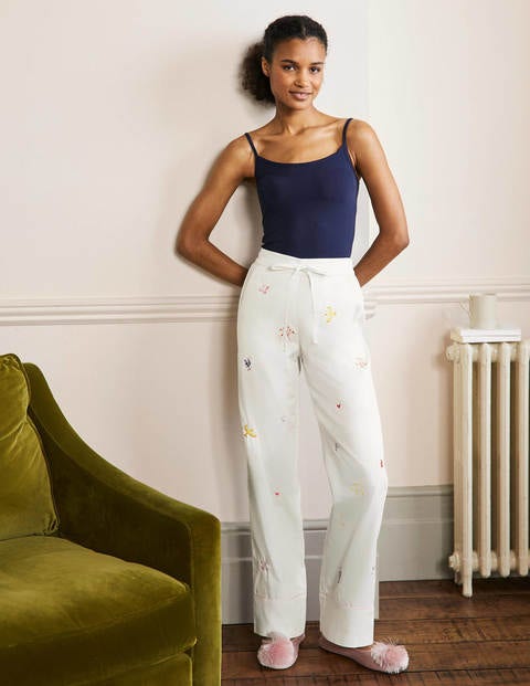 Cotton Pyjama Trousers - Ivory, Embroidery