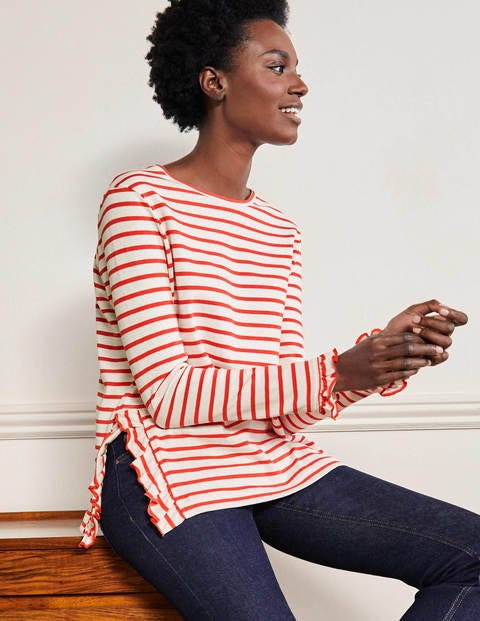 Frilled Side Split Jersey Top - Ivory / Hot Coral Stripe Frilled Side Split Jersey Top - Ivory / Hot Coral Stripe
