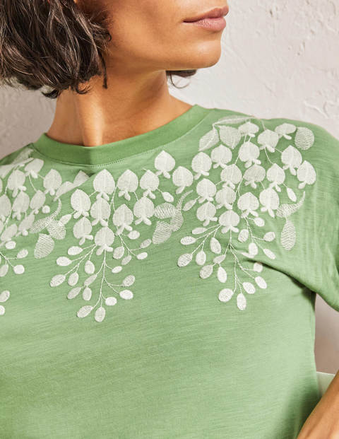 Turn Up Cuff Cotton T-Shirt - English Ivy, Ivory Embroidered