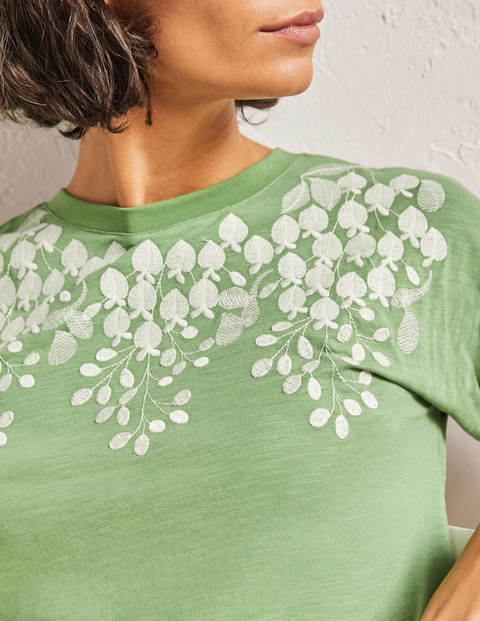 Turn Up Cuff Cotton T-Shirt - English Ivy, Ivory Embroidered Turn Up Cuff Cotton T-Shirt - English Ivy, Ivory Embroidered