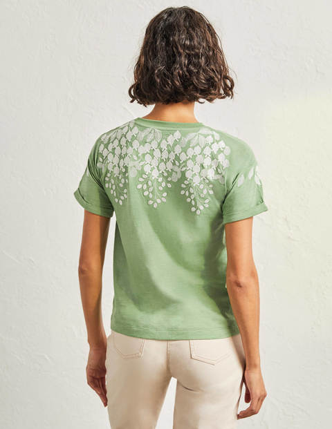 Turn Up Cuff Cotton T-Shirt - English Ivy, Ivory Embroidered Turn Up Cuff Cotton T-Shirt - English Ivy, Ivory Embroidered