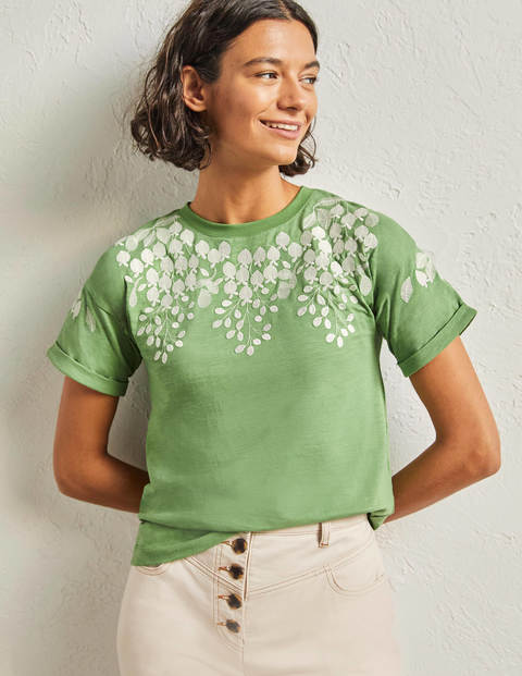Turn Up Cuff Cotton T-Shirt - English Ivy, Ivory Embroidered Turn Up Cuff Cotton T-Shirt - English Ivy, Ivory Embroidered
