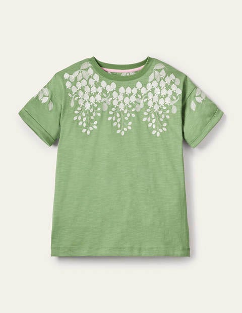 Turn Up Cuff Cotton T-Shirt - English Ivy, Ivory Embroidered Turn Up Cuff Cotton T-Shirt - English Ivy, Ivory Embroidered