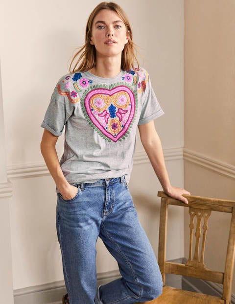 Turn Up Cuff Cotton T-shirt - Grey Marl, Heart Embroidery