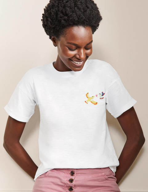 Turn Up Cuff Cotton T-shirt - Bird Embroidery