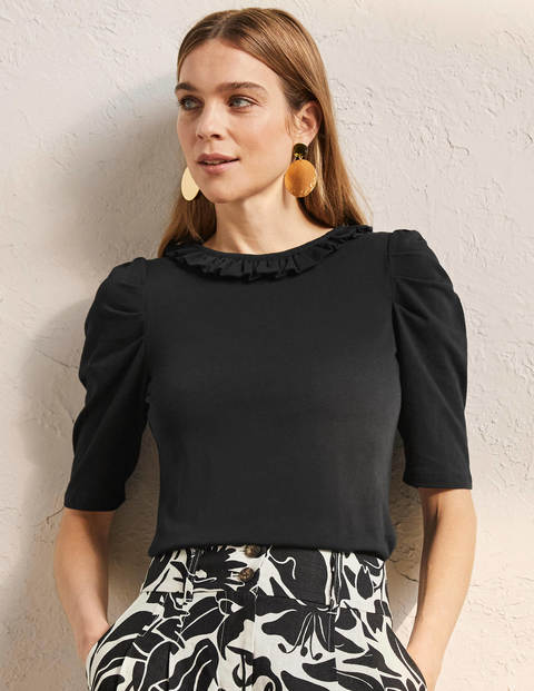 Puff Sleeve Frill Neck T-Shirt - Black 