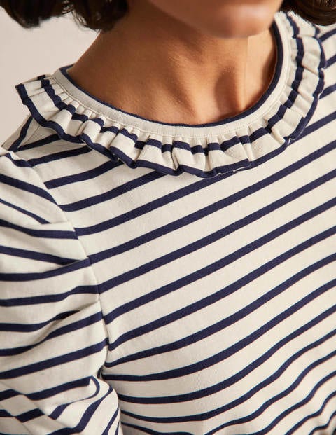 Puff Sleeve Frill Neck T-Shirt - Ivory / Navy Stripe