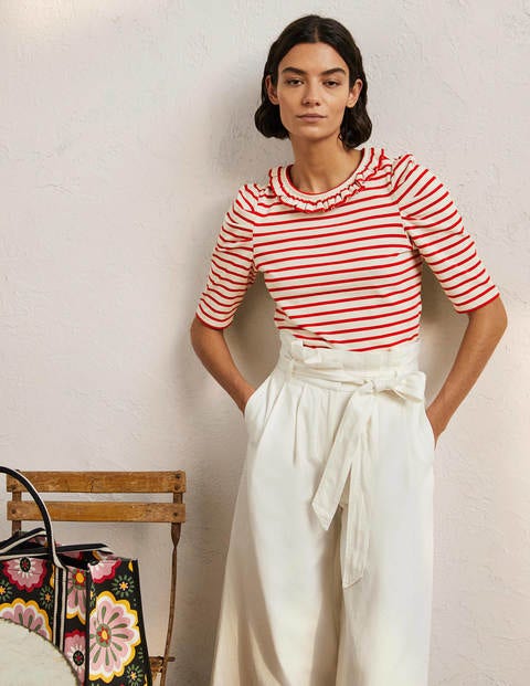 Puff Sleeve Frill Neck T-Shirt - Ivory / Red Stripe
