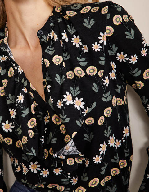 Jerseyhemd mit Rüschen vorne - Schwarz, Zarte Gänseblümchen