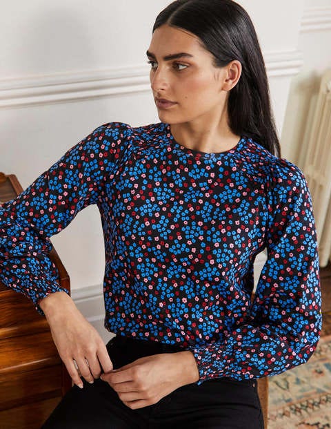 Top en jersey à manches blousantes et smocks - Noir motif Ditsy Cluster Top en jersey à manches blousantes et smocks - Noir motif Ditsy Cluster