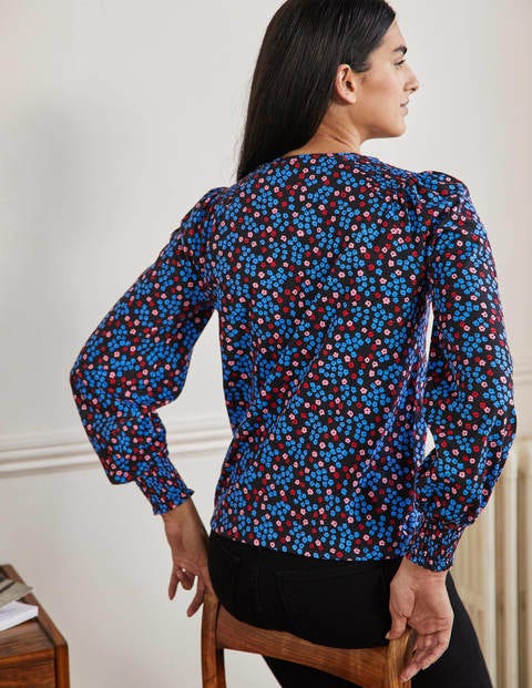 Top en jersey à manches blousantes et smocks - Noir motif Ditsy Cluster Top en jersey à manches blousantes et smocks - Noir motif Ditsy Cluster