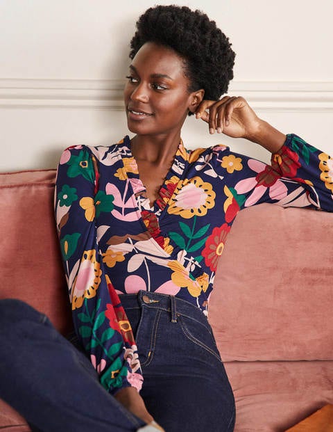 Frill Neck Blouson Wrap Top - French Navy, Flora Bloom Frill Neck Blouson Wrap Top - French Navy, Flora Bloom