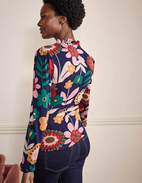 Frill Neck Blouson Wrap Top - French Navy, Flora Bloom Frill Neck Blouson Wrap Top - French Navy, Flora Bloom