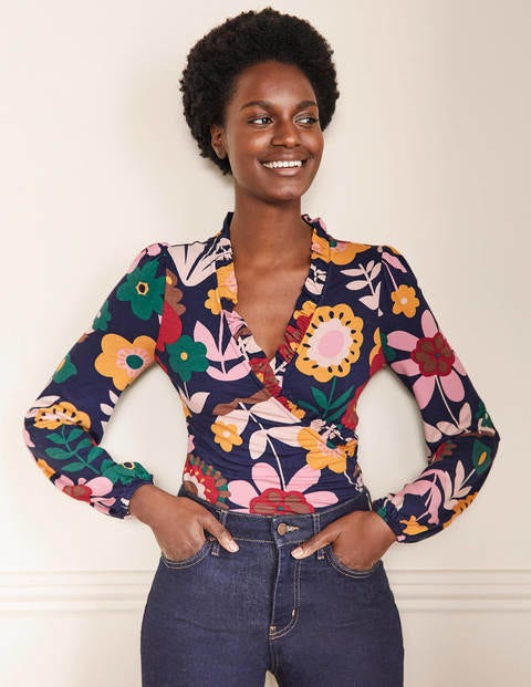 Frill Neck Blouson Wrap Top - French Navy, Flora Bloom Frill Neck Blouson Wrap Top - French Navy, Flora Bloom