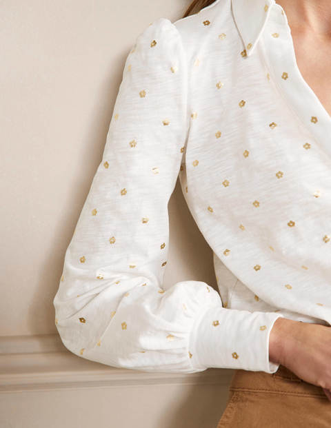 Collared Notch Neck Cotton Top - Ivory Foil Flower Collared Notch Neck Cotton Top - Ivory Foil Flower