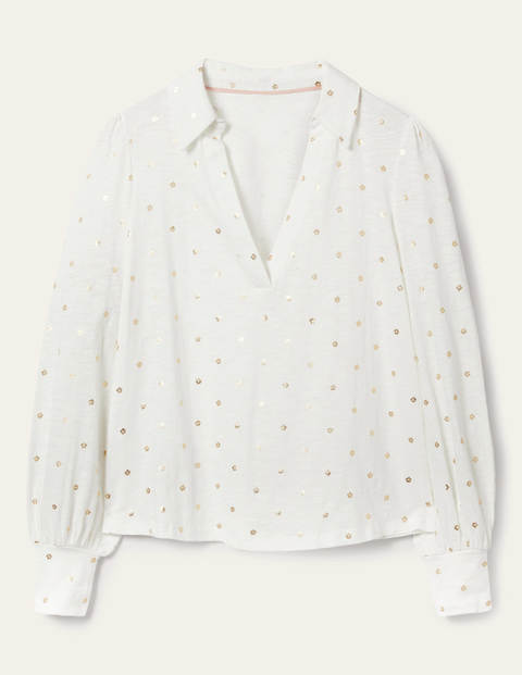 Collared Notch Neck Cotton Top - Ivory Foil Flower Collared Notch Neck Cotton Top - Ivory Foil Flower