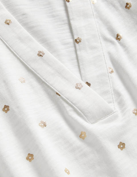 Collared Notch Neck Cotton Top - Ivory Foil Flower Collared Notch Neck Cotton Top - Ivory Foil Flower
