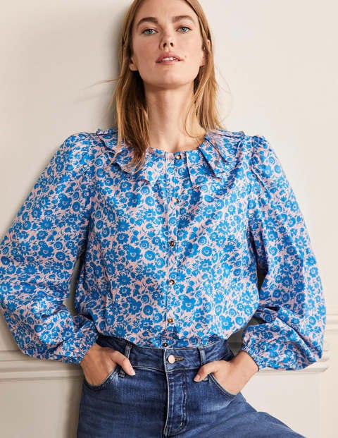 Bluse mit plissiertem Kragen - Marokkoblau, Elegantes Blumenmuster