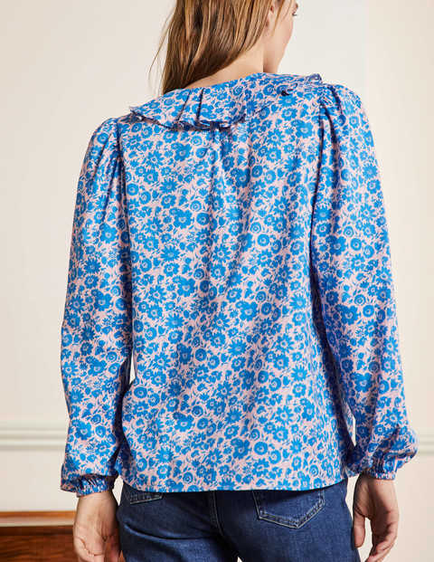 Bluse mit plissiertem Kragen - Marokkoblau, Elegantes Blumenmuster Bluse mit plissiertem Kragen - Marokkoblau, Elegantes Blumenmuster