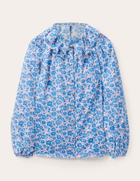 Bluse mit plissiertem Kragen - Marokkoblau, Elegantes Blumenmuster Bluse mit plissiertem Kragen - Marokkoblau, Elegantes Blumenmuster