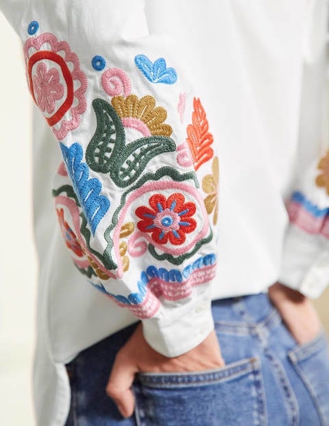Full Sleeve Relaxed Shirt - White, Floral Embroidered
