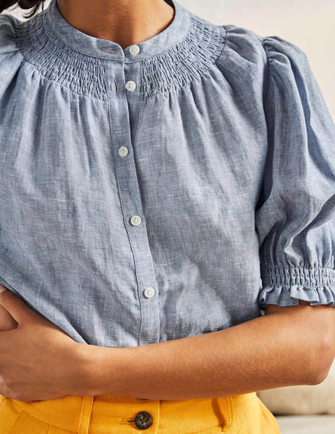 Smocked Short Sleeve Blouse - Chambray Smocked Short Sleeve Blouse - Chambray