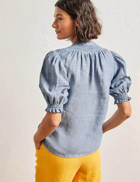 Smocked Short Sleeve Blouse - Chambray Smocked Short Sleeve Blouse - Chambray
