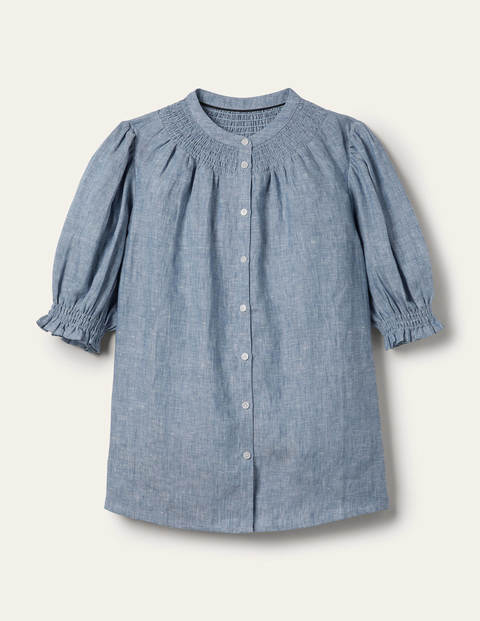 Smocked Short Sleeve Blouse - Chambray Smocked Short Sleeve Blouse - Chambray