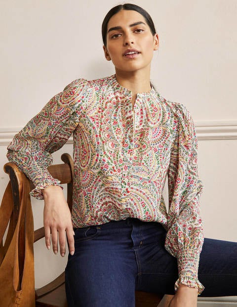 Dominique Silk Shirt - Ivory, Floral Paisley