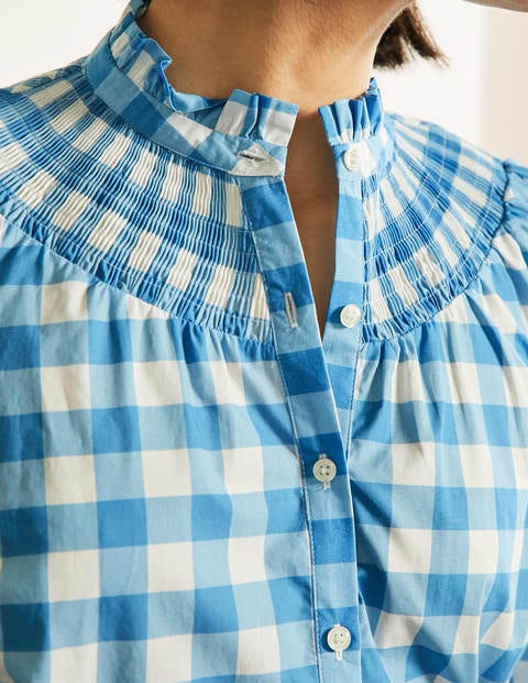 Smocked High Neck Shirt - Dusty Blue and Ivory Gingham