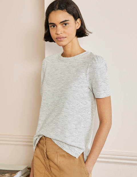 Puff Sleeve Cotton T-Shirt - Ivory / Navy Stripe