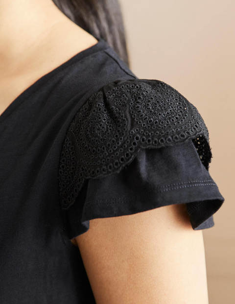 Baumwoll-T-Shirt mit V-Ausschnitt und Lockstickerei - Schwarz Baumwoll-T-Shirt mit V-Ausschnitt und Lockstickerei - Schwarz