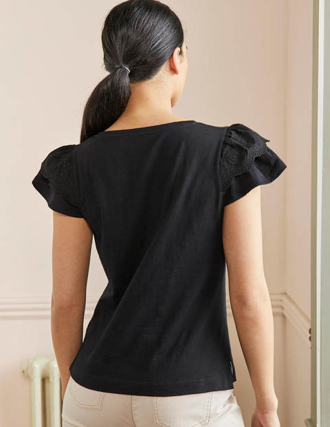 Baumwoll-T-Shirt mit V-Ausschnitt und Lockstickerei - Schwarz Baumwoll-T-Shirt mit V-Ausschnitt und Lockstickerei - Schwarz