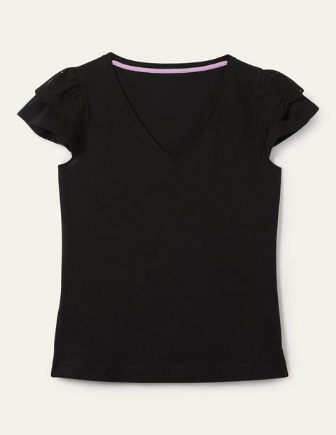 Baumwoll-T-Shirt mit V-Ausschnitt und Lockstickerei - Schwarz Baumwoll-T-Shirt mit V-Ausschnitt und Lockstickerei - Schwarz
