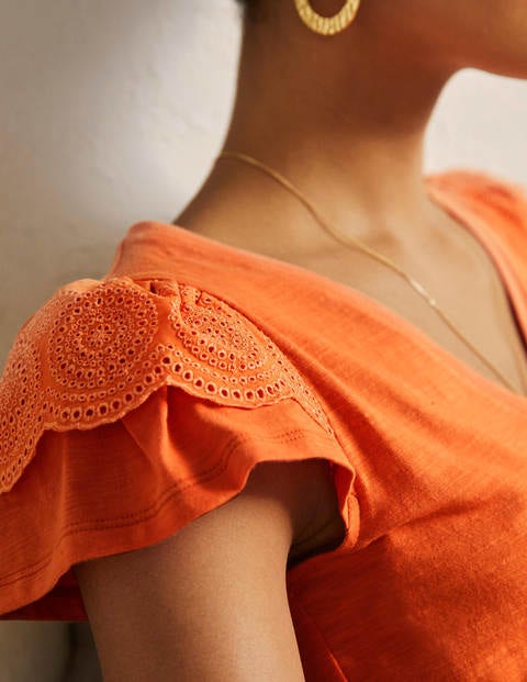 Broderie Cotton V-Neck T-Shirt - Dusty Orange