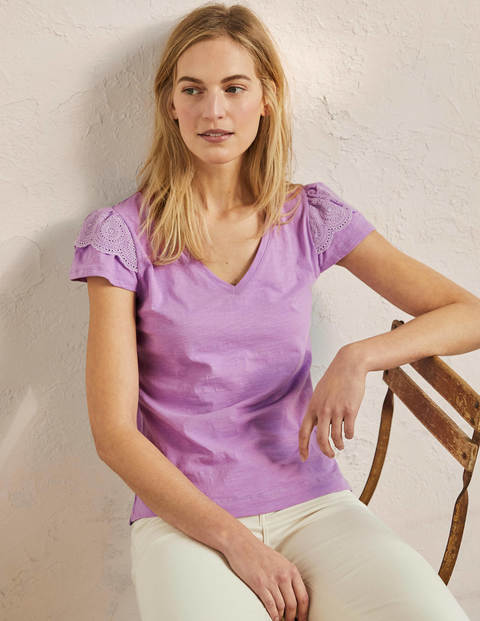 Broderie Cotton V-Neck T-Shirt - African Violet