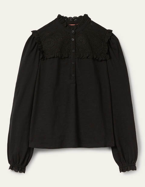 Broderie Yoke Jersey Top - Black Broderie Yoke Jersey Top - Black