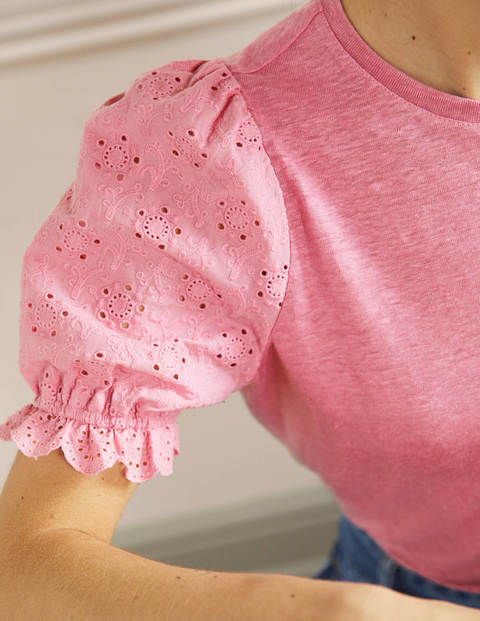 Broderie Sleeve Linen T-Shirt - Posy Pink