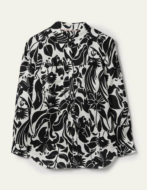 Chemise en lin - Noir, oiseau oriental Chemise en lin - Noir, oiseau oriental